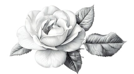 Fototapeta premium Monochrome Rose Pencil Sketch with Detailed Petals and Leaves