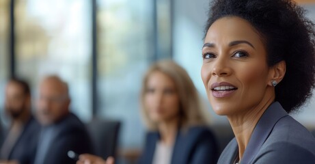 Fototapeta premium Professional woman at a meeting; face in focus. She is dressed in professional attire with a positive, engaged expression.