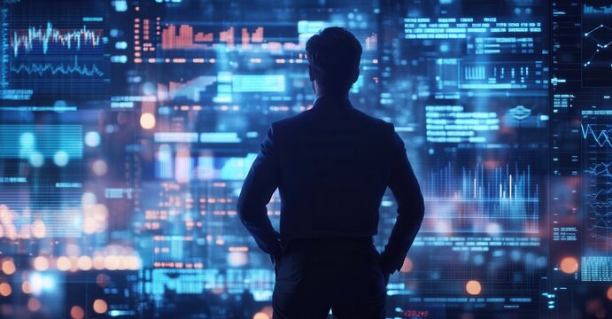 Data analyst examining complex data streams and market analytics on a large display, assessing trends and making strategic decisions.