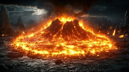 Volcanic eruption, fiery landscape, dark sky, game background