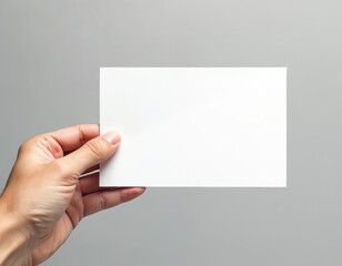 Fototapeta premium Hand holds blank card mockup on grey background. Empty space for message invitation note congratulation. Paper in horizontal position for design presentation. Perfect for promotions advertising,
