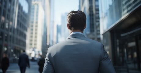 Fototapeta premium A confident professional in a tailored grey suit walks through the heart of a bustling metropolis, embodying ambition and drive.