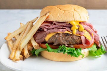 roast beef  cheese burger with a side of fries
