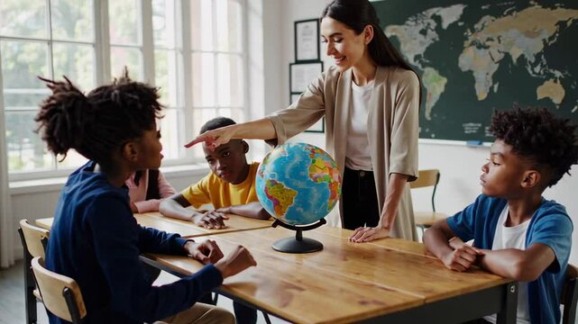 Female geography teacher shows parts of the world on the globe to two students, a multi ethnic boy and girl, sitting at a desk in elementary school classroom