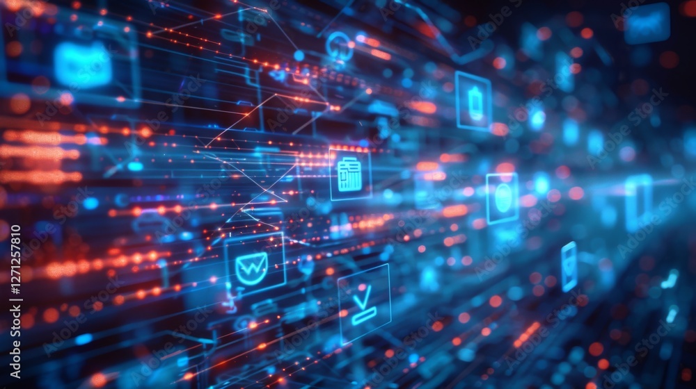 Aufkleber A vibrant digital ecosystem is illuminated with interconnected icons and streams of data. The atmosphere reflects advanced technology and innovation, captivating the viewer's attention.