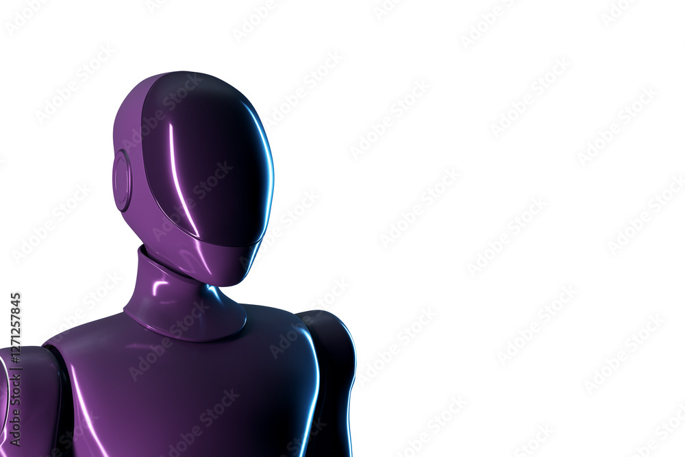 Poster futuristic humanoid robot with a glossy purple finish, isolated on a white background. concept of ai