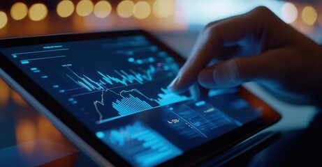 Analyzing financial data on a touch screen tablet, with graphs and charts displayed in blue. Close-up shot of hand interacting with interface.