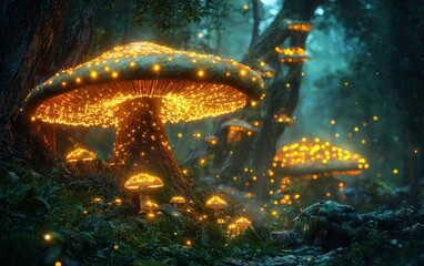 Fototapeta premium Enchanted forest with glowing mushrooms and ancient trees
