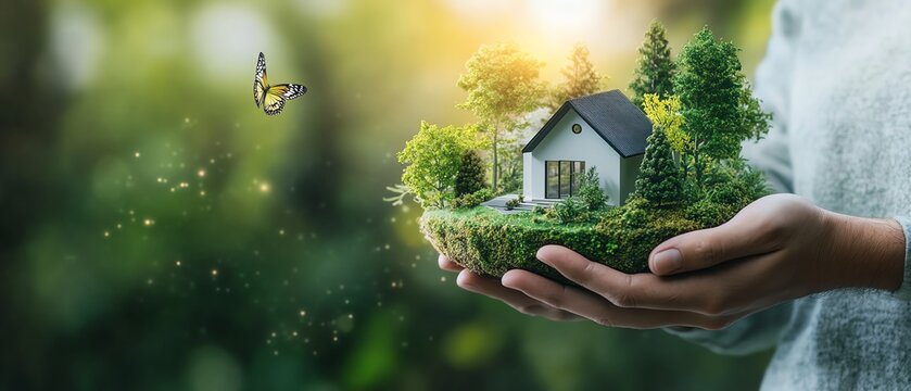 Engineer holding ecofriendly home model, surrounded by forest, green architecture design, sustainable construction project, nature, blueprint, environmental architecture