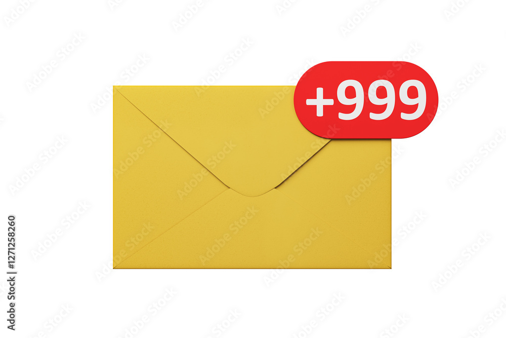 Poster Yellow envelope with red notification badge indicating +999, isolated on white background. Concept of unread messages and email overload. 3D Rendering.