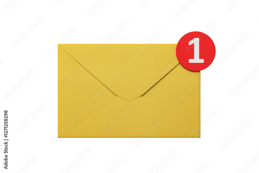 Poster Yellow envelope with red notification icon isolated on white background. Concept of email, inbox, message alert, and digital communication. 3D Rendering