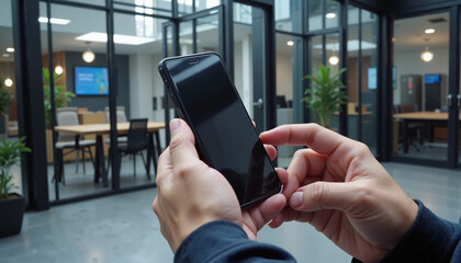 Person holding smartphone and using it in modern office environment with copy space