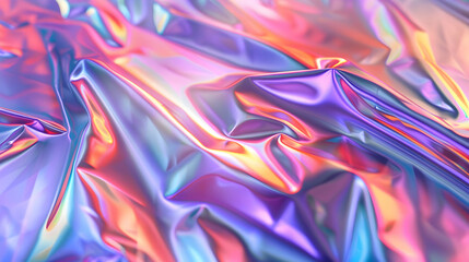Colorful iridescent wrinkled foil surface reflecting light in a vibrant abstract pattern