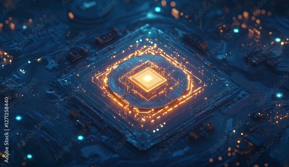 Poster exploring the illuminated circuits: a glowing microchip's intricate design, highlighting technologic