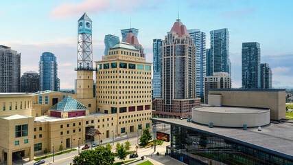 City skyline with modern skyscrapers and residential buildings in Mississauga, Canada