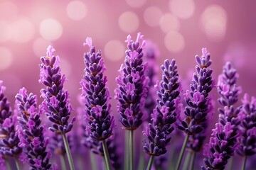 Naklejka premium Close-up of vibrant lavender flowers against a soft pink bokeh background, creating a calming atmosphere