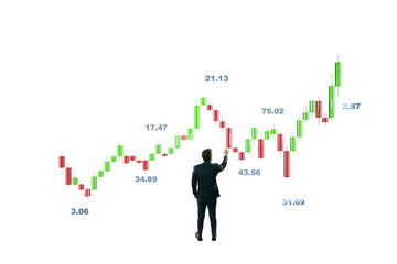 Businessman in suit analyzing candlestick stock chart with numbers on white background. Concept of financial market, trading, and investment