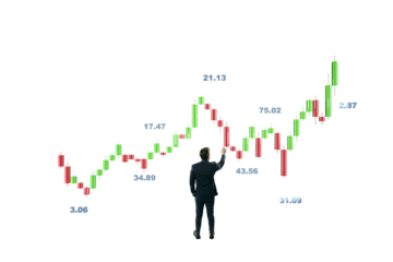 Businessman in suit analyzing candlestick stock chart with numbers on white background. Concept of financial market, trading, and investment