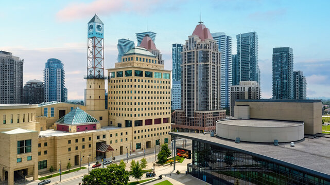 City skyline with modern skyscrapers and residential buildings in Mississauga, Canada