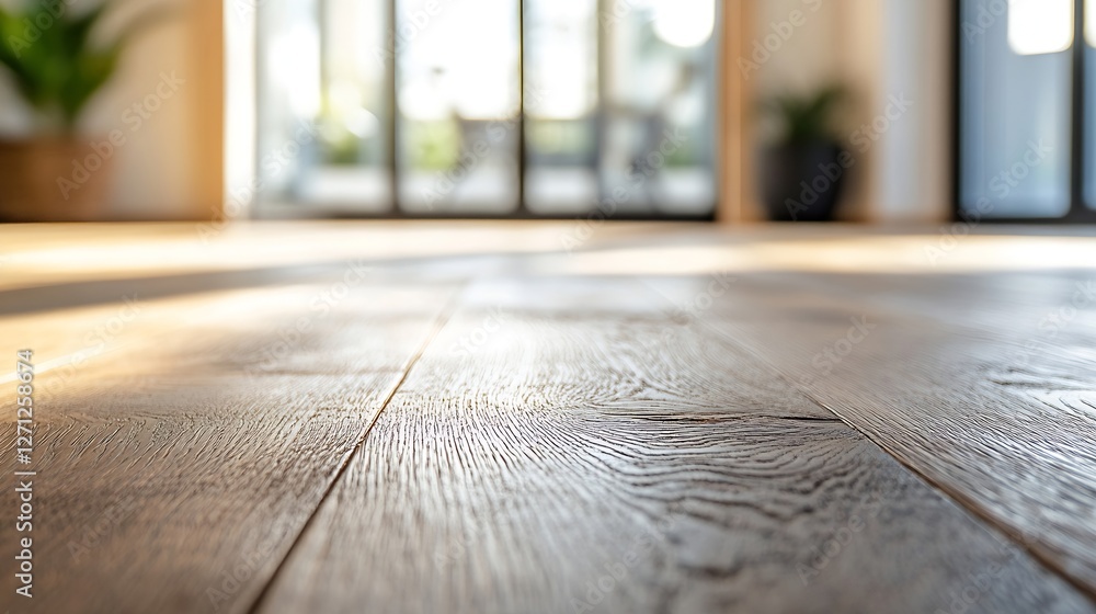 Aufkleber beautiful close up of wooden floor with sunlight streaming in through windows : generative ai
