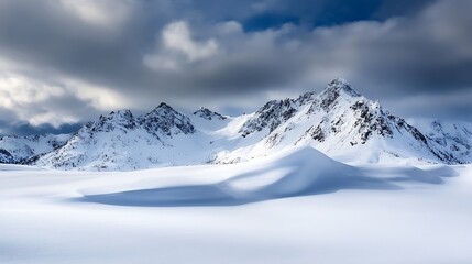Majestic snowy mountain landscape under a dramatic cloudy sky : Generative AI