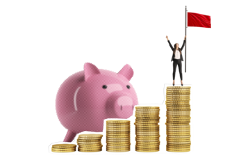 Businesswoman on top of stacked coins with red flag, piggy bank in background, isolated on white. Concept of financial success and savings