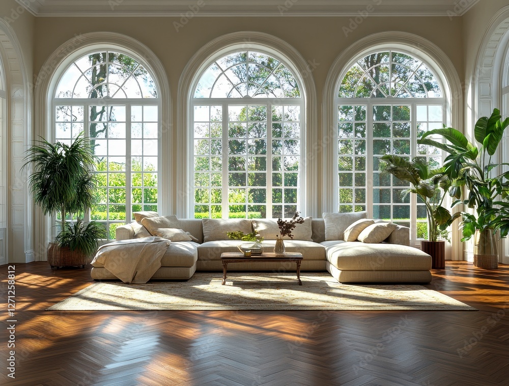 Canvas Prints Bright and Spacious Living Room with Large Arched Windows and Cozy Sofa Arrangement