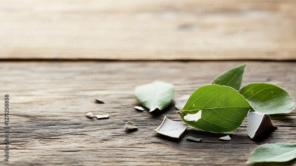 Aufkleber fresh green leaves scattered on a rustic wooden table creating a serene natural composition : genera