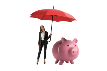 Businesswoman in suit holding red umbrella over pink piggy bank, symbolizing financial protection...