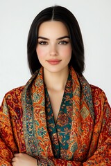 Serene Young Woman In Vibrant Patterned Robe