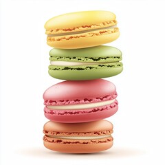 A realistic illustration of colorful macarons in green, yellow, pink, and red, stacked neatly with detailed textures, smooth finishes, and soft creamy filling on a clean white background.