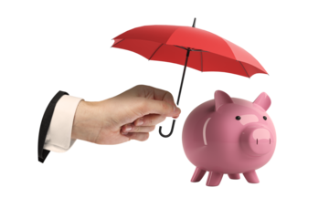 Hand holding red umbrella over pink piggy bank, isolated on white background. Concept of financial protection, savings security, and investment safety