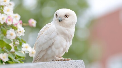 Obraz premium White owl perched on a stone ledge next to blooming spring flowers in bright daylight.