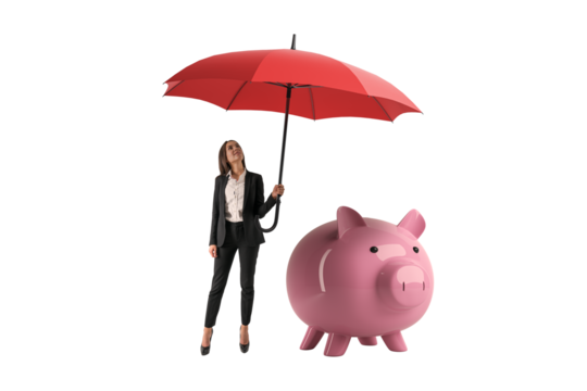 Businesswoman in suit holding red umbrella over pink piggy bank, symbolizing financial protection and savings concept, isolated on white background - Powered by Adobe
