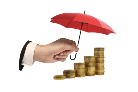 Hand holding red umbrella over stacked gold coins, isolated on white background. Concept of financial protection, investment security - Powered by Adobe
