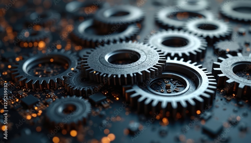 Poster gears turning representing automation. synchronized gear metallic cogs symbolize seamless integratio