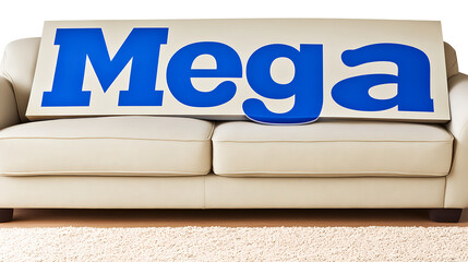 Mega sign display on couch home living room photo indoor eye-level advertising concept