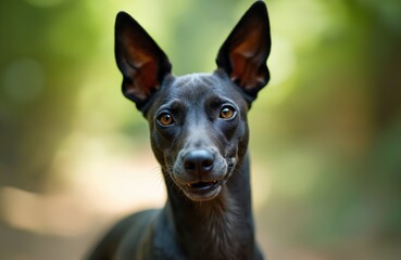 Obraz premium Close-up portrait of friendly Xoloitzcuintli dog breed against blurry background. Hairless black canine headshot outdoors on blurry green foliage. Alert animal with sturdy build shows intelligence on