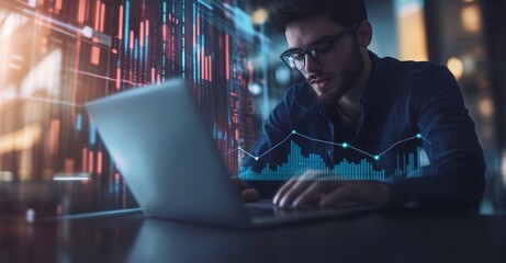 Analyst reviews stock market data on a laptop, overlaying a chart for evaluation and decision-making in a modern office setting.