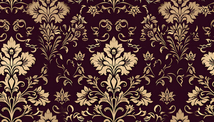 Elegant floral damask pattern in gold on a deep burgundy background.
