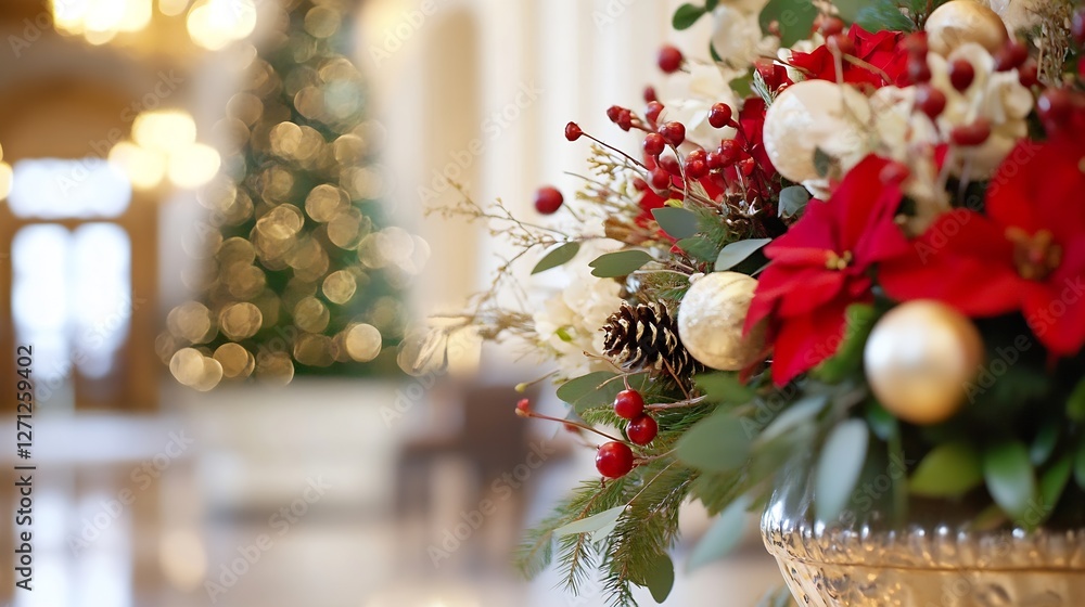 Poster festive holiday arrangement featuring red poinsettias and greenery in elegant setting : generative a