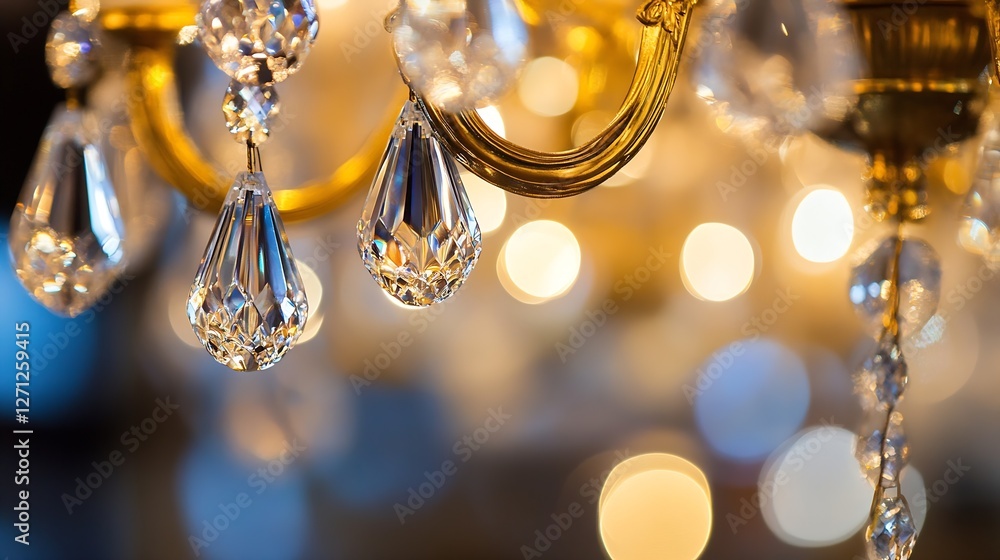 Aufkleber elegant chandelier featuring sparkling crystal droplets illuminated by soft golden light : generativ