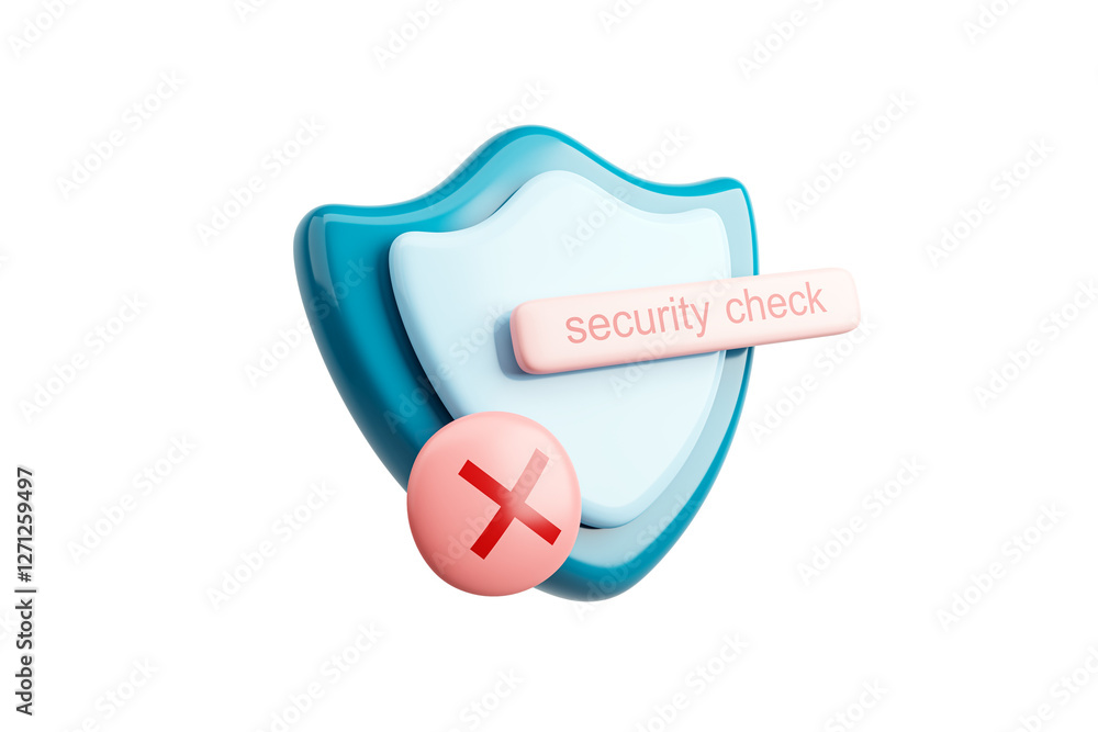 Poster 3D rendering of a security check failed icon with a blue shield and red cross on a white background, representing cybersecurity failure