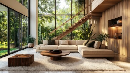 Modern Living Room with Natural Light and a View of Greenery