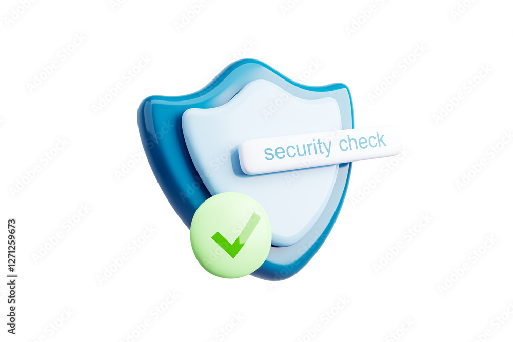 Aufkleber 3D Rendering of a blue shield with a security check bar and a green verification checkmark, isolated on a white background, symbolizing cyber protection