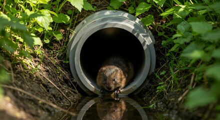 Muskrat Emerging From Pipe with Reflection in Water at Riverside