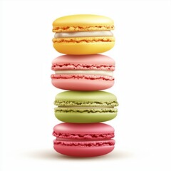 A realistic illustration of colorful macarons in green, yellow, pink, and red, stacked neatly with detailed textures, smooth finishes, and soft creamy filling on a clean white background.