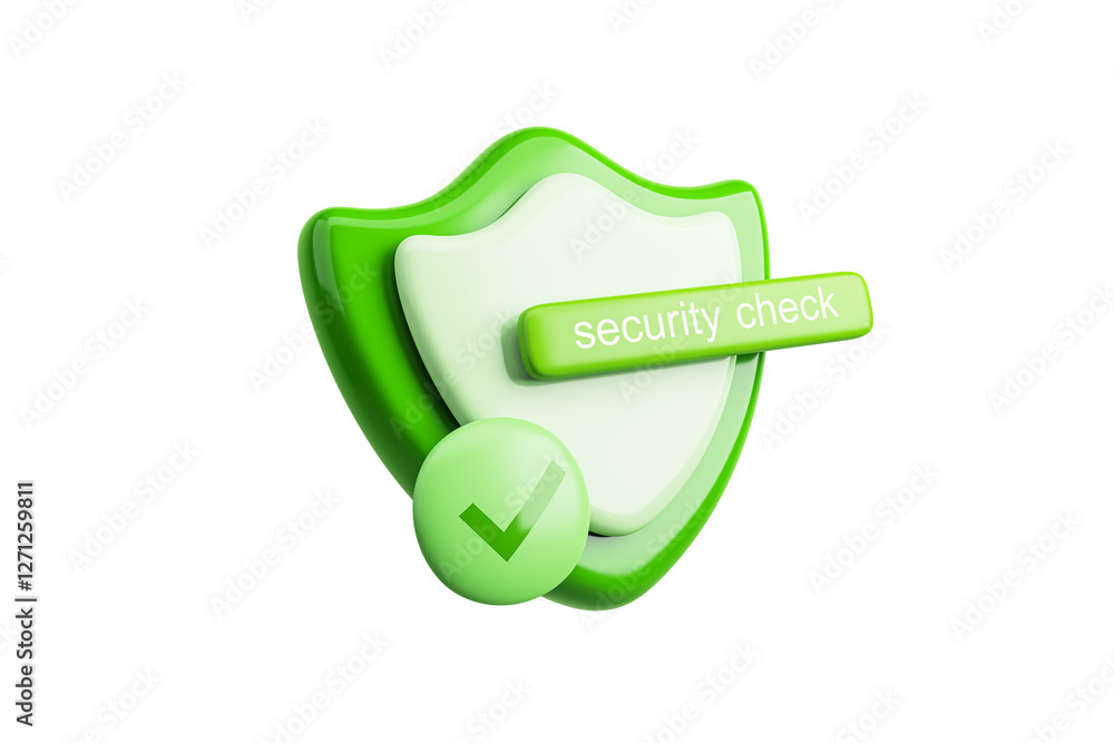 Poster green security shield with a checkmark and security check text, isolated on white background. symbol