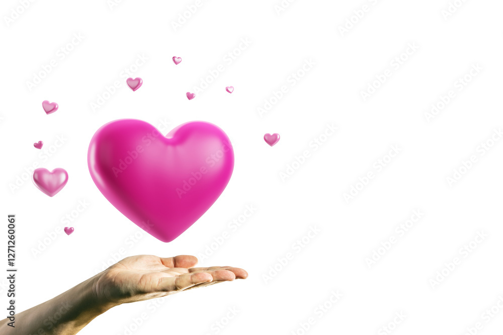 Poster open hand holding large pink heart with small floating hearts around, isolated on white background. 