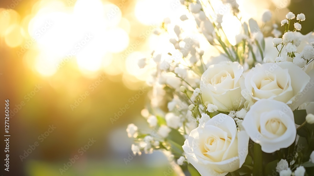 Poster stunning close up of white roses in a beautiful bouquet with soft sunset light : generative ai